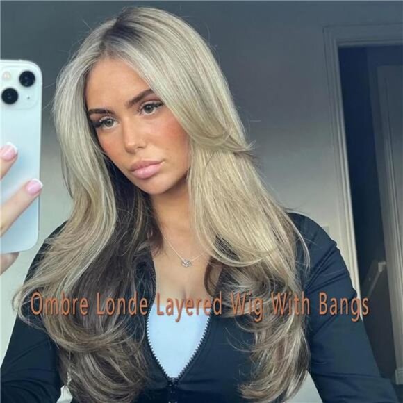 Layered Wavy Wigs with Curtain Bangs for Women, Ombre Platinum Blonde - Picture 6 of 6